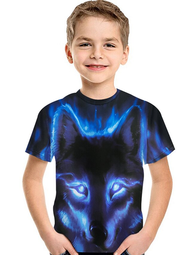  Niños Bebé Chico Camiseta Manga Corta Lobo Estampado 3D Animal Estampado Azul Piscina Niños Tops Verano Activo Básico