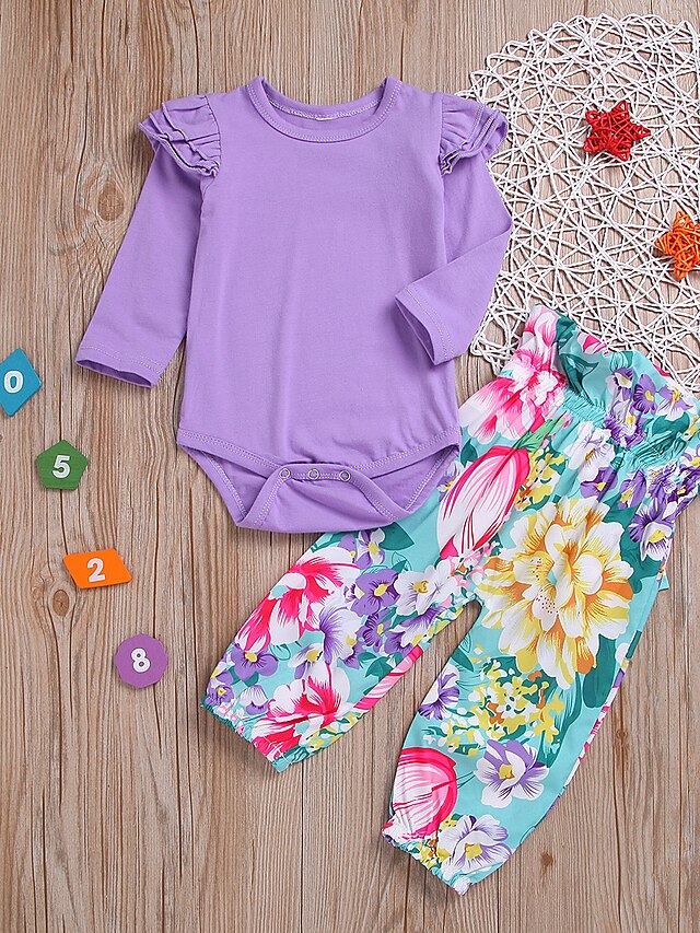  Baby Girls' Basic Cotton Print Print Long Sleeve Regular Clothing Set Purple / Toddler