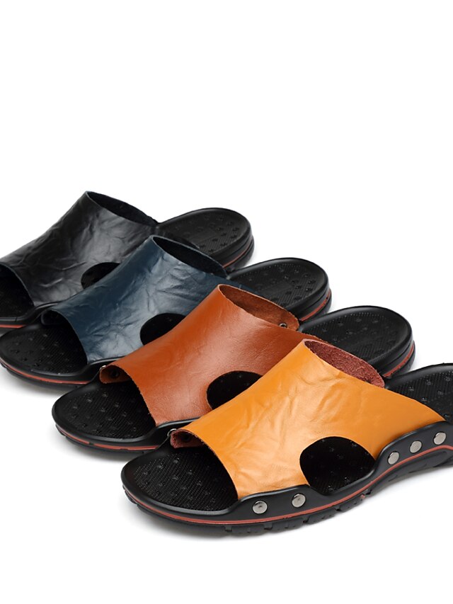  Men's Slippers & Flip-Flops Leather Shoes Casual Daily Beach Walking Shoes Leather Breathable Dark Brown Black Yellow Summer