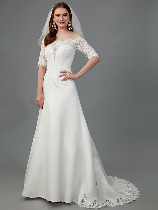  A-Line Off Shoulder Court Train Satin Made-To-Measure Wedding Dresses with Lace by LAN TING BRIDE®