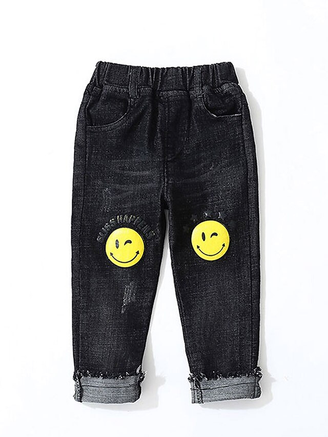  Kinderen Jongens Jeans Zwart Marineblauw Afdrukken Gescheurde Opdruk Katoen Basic Street chic