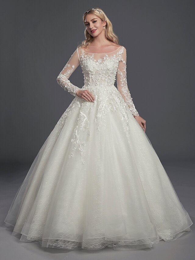 Ball Gown Wedding Dresses Scoop Neck Court Train Lace Tulle Long Sleeve ...