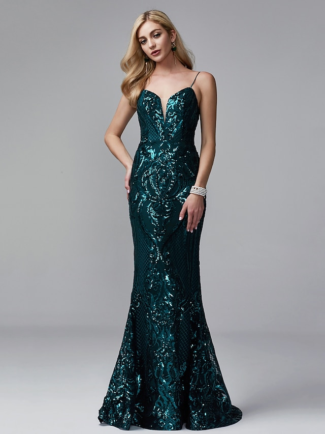  Mermaid / Trumpet Sparkle & Shine Beaded & Sequin Formal Evening Black Tie Gala Dress Spaghetti Strap Low Back Sleeveless Sweep / Brush Train Sequined with Sequin 2022