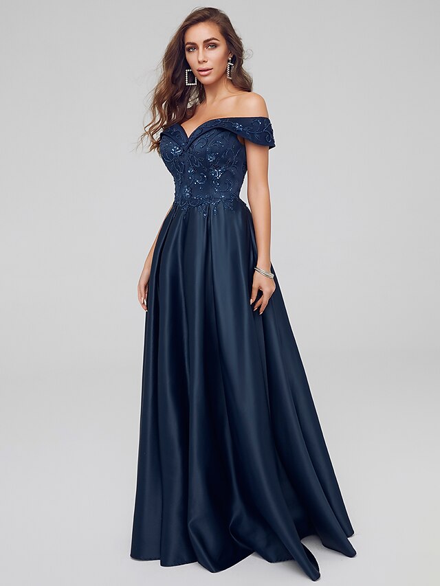  A-Line Elegant Formal Evening Dress Off Shoulder Short Sleeve Floor Length Satin with Embroidery 2020