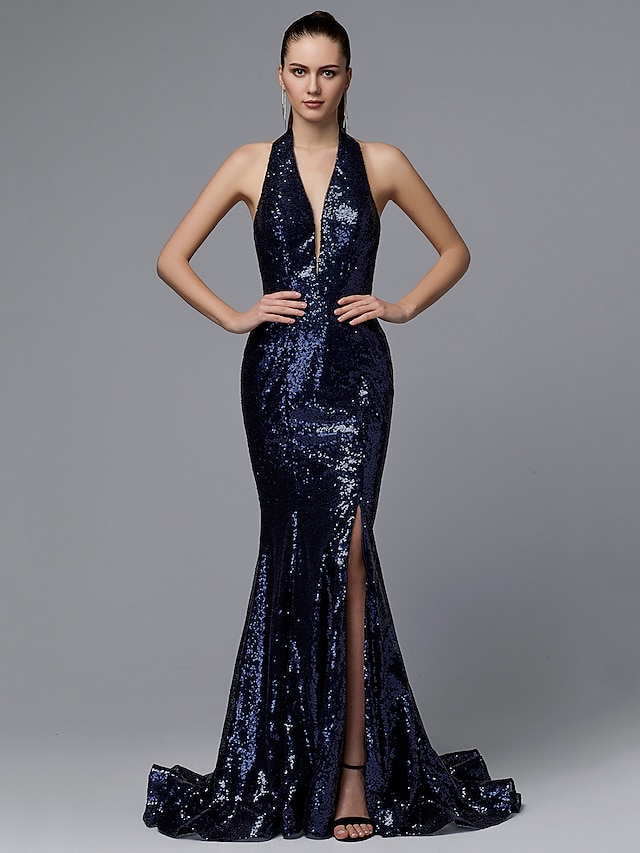  Mermaid / Trumpet Halter Neck Sweep / Brush Train Sequined Formal Evening Dress with Sequin by TS Couture®
