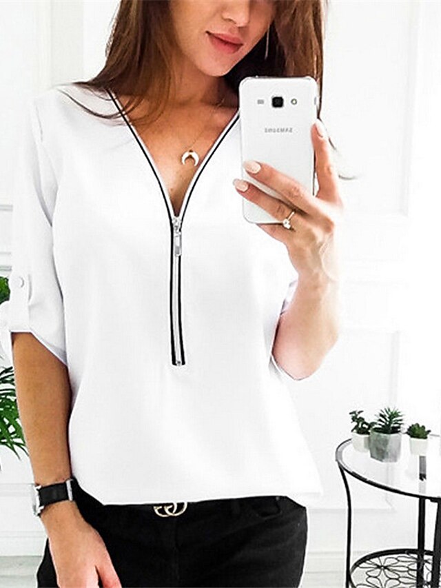  Women's Blouse Shirt Solid Colored Patchwork Quarter Zip V Neck Basic Tops White Red Blushing Pink