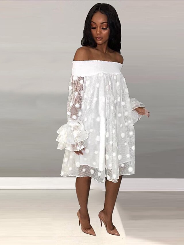  Women's Shift Dress Long Sleeve Solid Colored Mesh Patchwork Spring & Summer Off Shoulder V Neck Elegant Streetwear Chiffon Slim 2020 White S M L XL XXL XXXL
