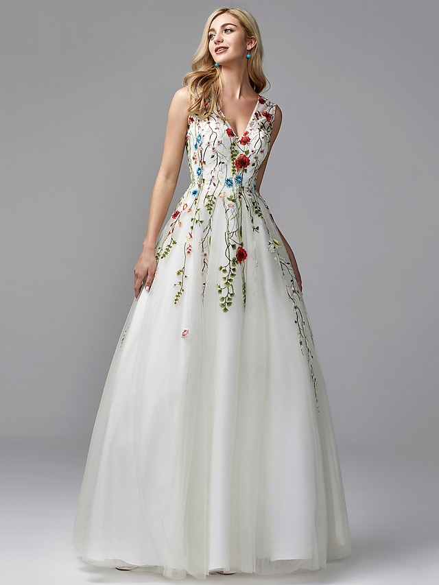  A-Line Special Occasion Dresses Floral Dress Valentine's Day Wedding Guest Floor Length Sleeveless V Neck Lace with Embroidery Appliques 2024