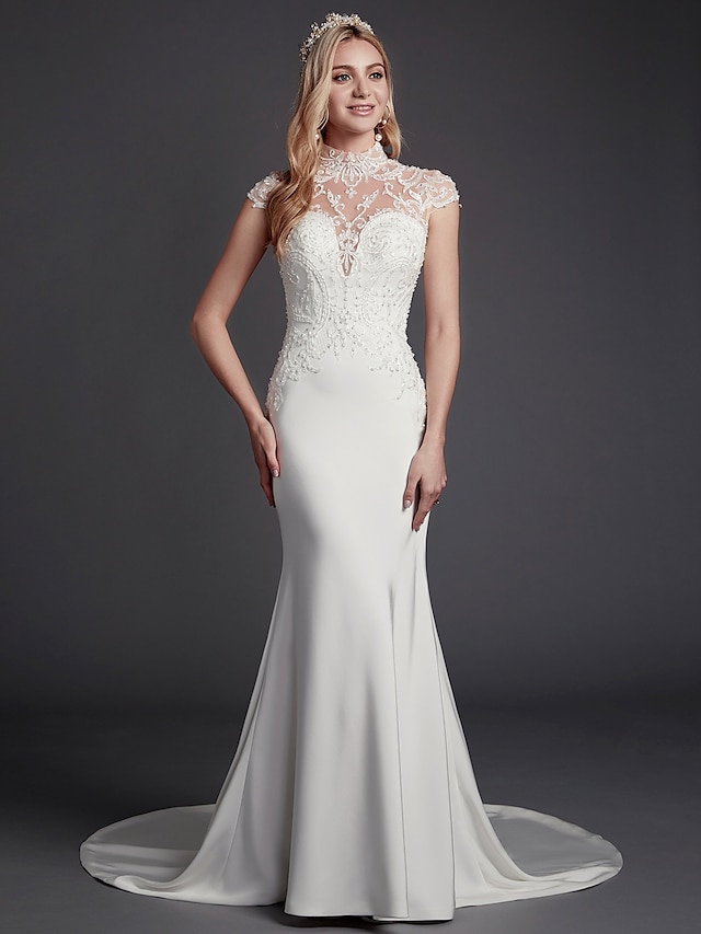  Mermaid / Trumpet Wedding Dresses High Neck Court Train Lace Satin Sleeveless Sexy See-Through Illusion Detail Backless with Lace Beading 2020