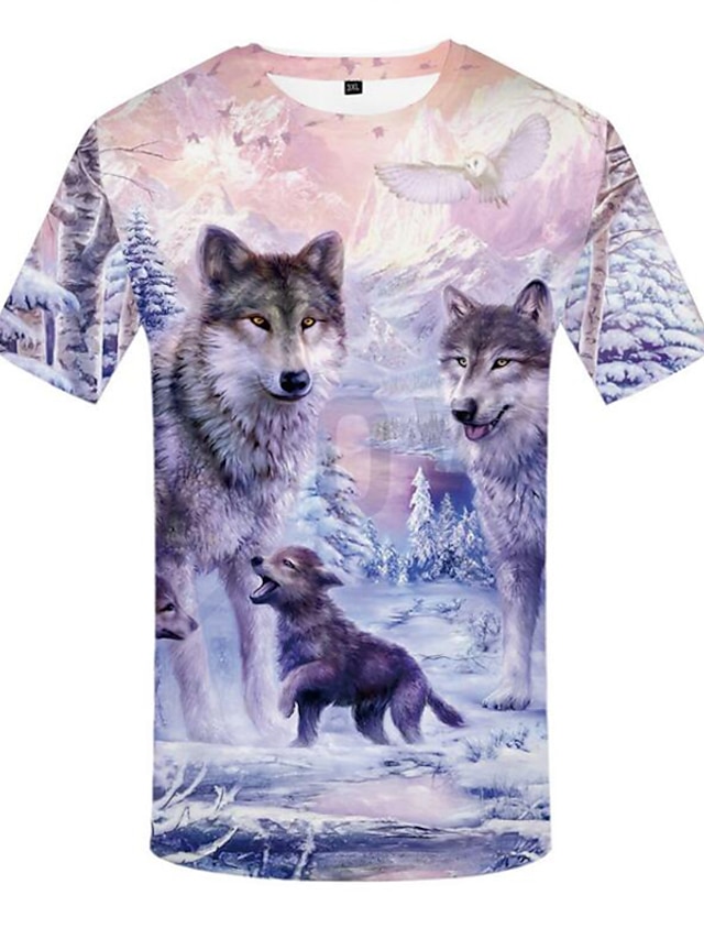  Wolves In The Snow Mens Graphic Shirt Tee Animal 3D Round Neck White Plus Size Daily Wear Short Sleeve Print Clothing Apparel Basic Wolf Casual Purple Cotton Nature