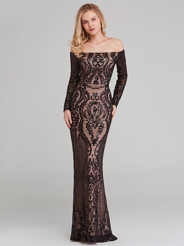  Sheath / Column Celebrity Style Formal Evening Dress Off Shoulder Long Sleeve Floor Length Sequined with Sequin 2021
