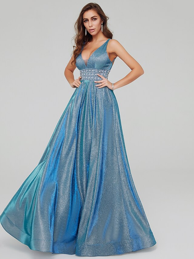  A-Line Elegant Sparkle & Shine Formal Evening Dress V Neck Sleeveless Floor Length Taffeta Sequined with Pleats Beading Crystal Brooch 2021