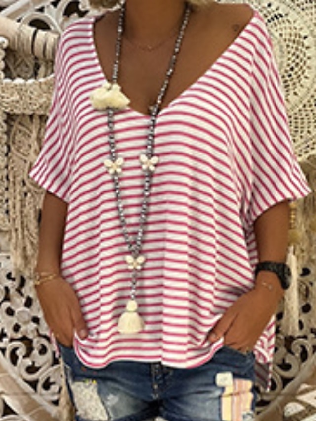  Women's Casual Basic Plus Size T-shirt - Striped Stripe / Fashion V Neck Purple / Spring / Summer / Fall / Winter