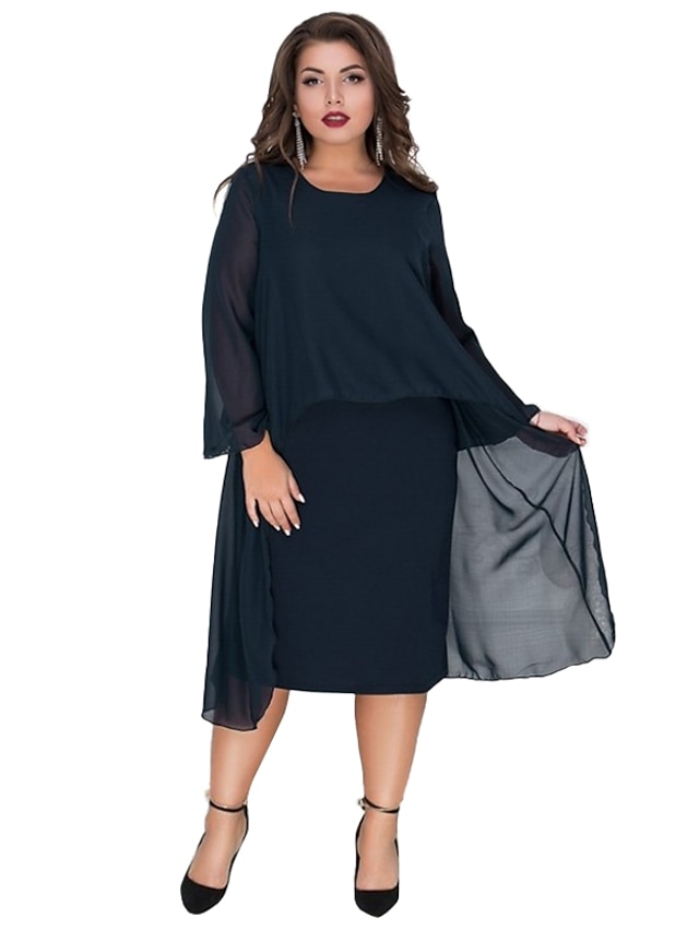Women's Plus Size Sheath Dress - Long Sleeve Solid Colored Layered ...