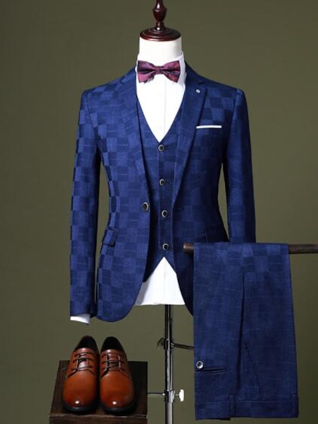  Black/Burgundy/Royal Blue Men's Wedding Party Suits 3 Piece Checkered Tailored Fit Suit Single Breasted One-button