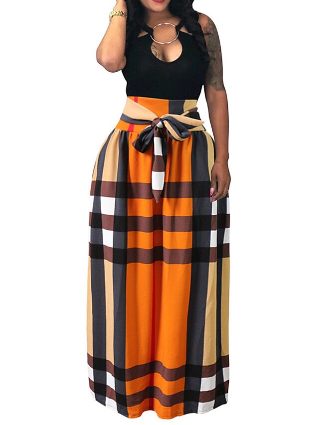  女性用 プラスサイズ ブランコ マキシ スカート - 幾何学模様 ブラック フクシャ オレンジ M L XL