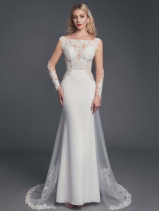  Wedding Dresses Court Train Sheath / Column Long Sleeve Scoop Neck Lace With Lace Beading 2023 Bridal Gowns