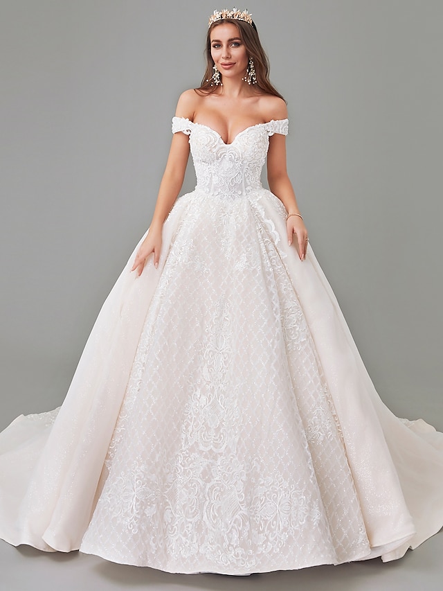  A-Line Wedding Dresses Off Shoulder Court Train Lace Tulle Strapless See-Through with Pattern / Print Appliques 2021
