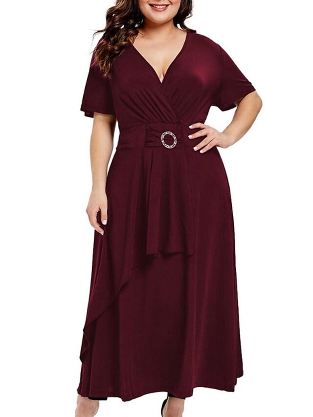  Women's Maxi Swing Dress - Short Sleeve Solid Colored V Neck Wine Black Blue Purple XL XXL XXXL XXXXL XXXXXL