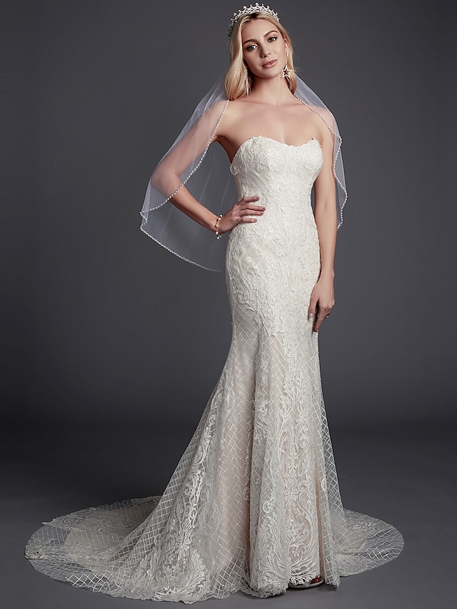  Mermaid / Trumpet Wedding Dresses Strapless Court Train Lace Sleeveless Formal Illusion Detail with Lace 2021
