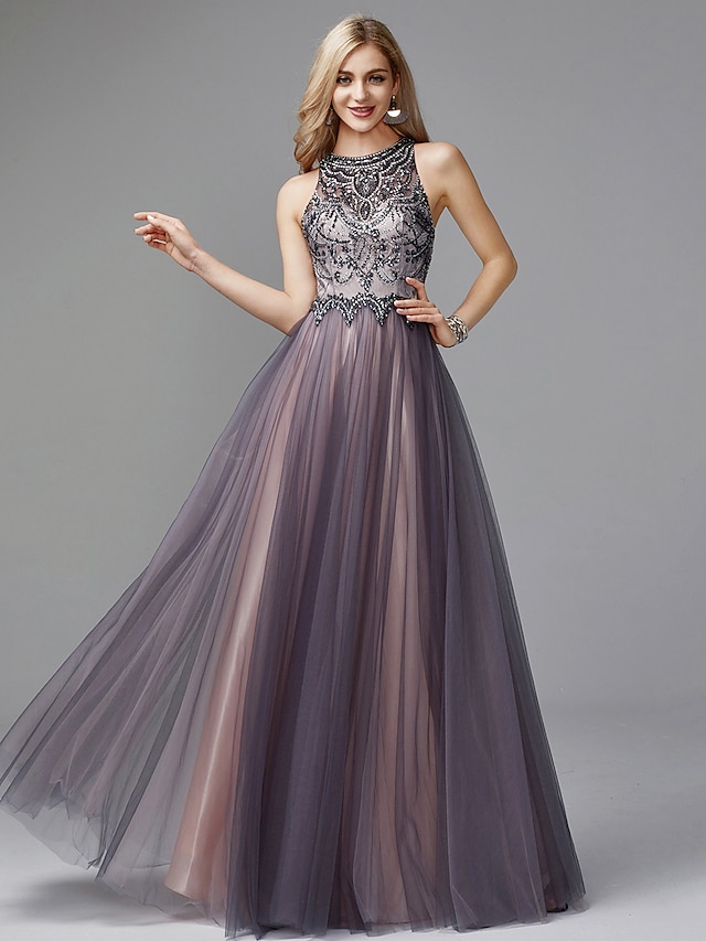  A-Line Luxurious Grey Prom Formal Evening Dress Halter Neck Sleeveless Floor Length Tulle with Crystals Beading 2020