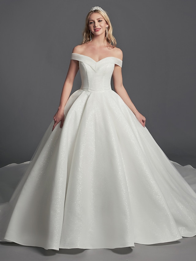  Ball Gown Wedding Dresses Off Shoulder Sweep / Brush Train Organza Satin Sleeveless Glamorous Plus Size with Draping 2021