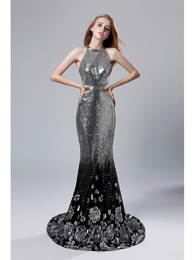  Mermaid / Trumpet Sparkle & Shine Formal Evening Dress Halter Neck Sleeveless Sweep / Brush Train Sequined with Sequin 2020
