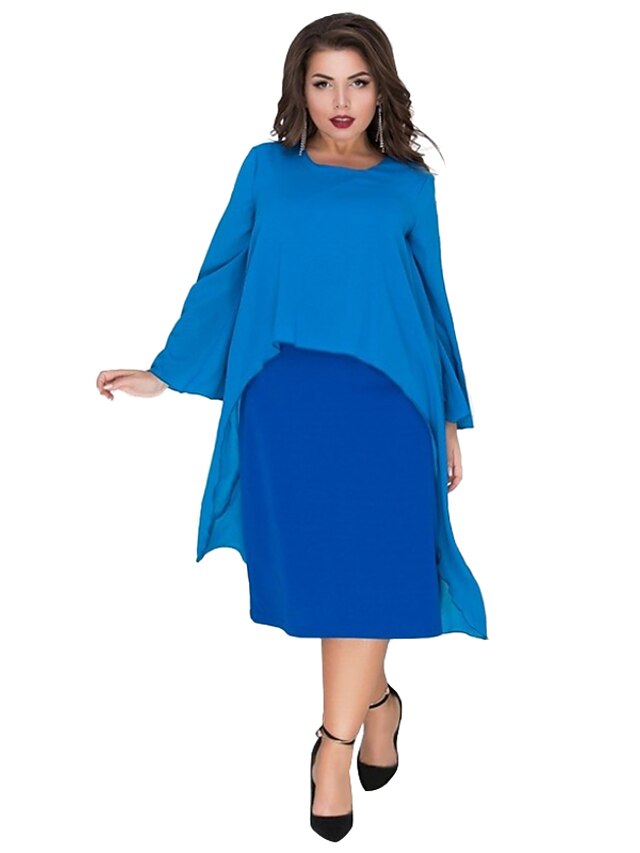 Women's Plus Size Sheath Dress - Long Sleeve Solid Colored Layered ...