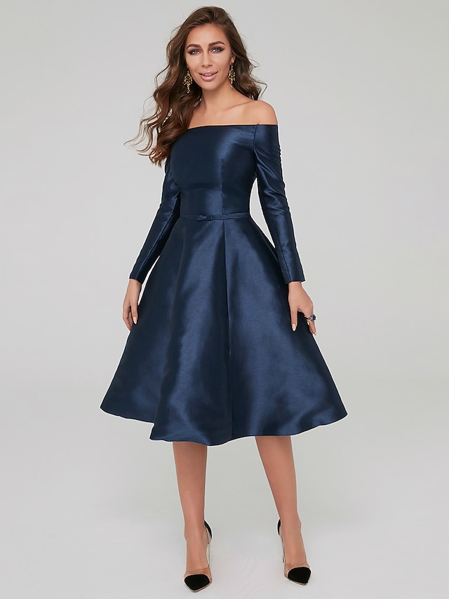  A-Line Special Occasion Dresses Elegant Dress Wedding Guest Cocktail Party Knee Length Long Sleeve Off Shoulder Satin with Pleats 2024