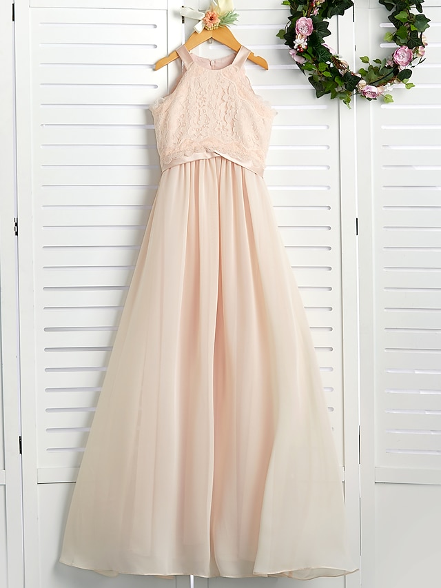  A-Line Floor Length Junior Bridesmaid Dress Wedding Chiffon Sleeveless Crew Neck with Lace 2022