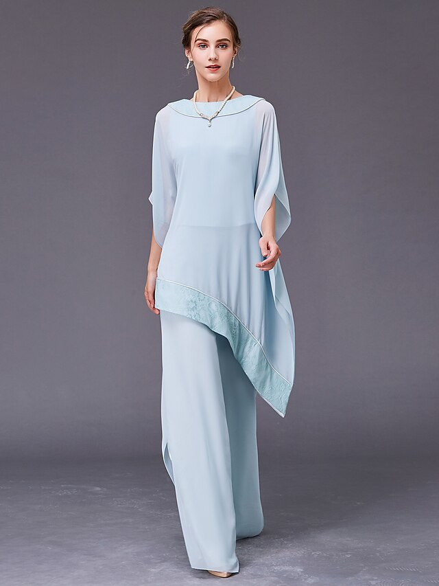  Two Piece / Pantsuit / Jumpsuit Jewel Neck Floor Length Chiffon Half Sleeve Jumpsuits Mother of the Bride Dress with Crystals Mother's Day 2020