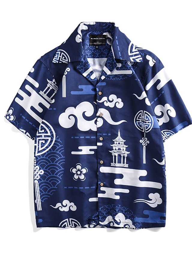  Men's Color Block Graphic Print Shirt Basic Casual Beach Round Neck Blue / Short Sleeve