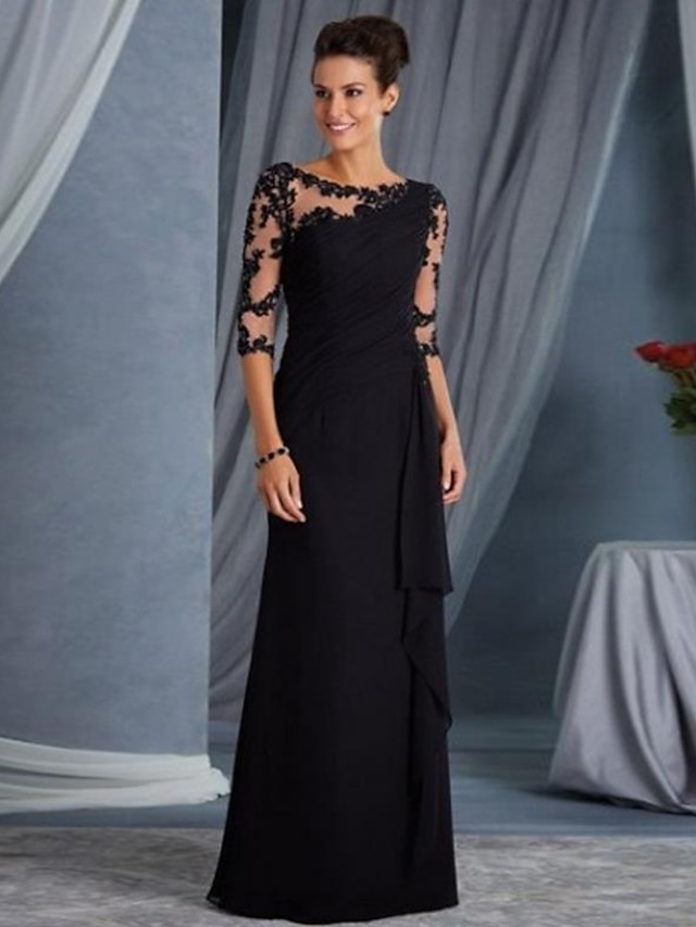  bainha vestido preto vestido de noite vestido elegante formal noite até o chão meia manga jóia pescoço outono casamento convidado renda com apliques 2024