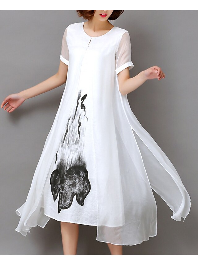  Damen Chiffon-Kleid Midikleid Weiß Schwarz Kurzarm Weiß Blumen Bedruckt Sommer Rundhalsausschnitt Lose S M L XL XXL 3XL 4XL 5XL / Übergröße / Übergröße