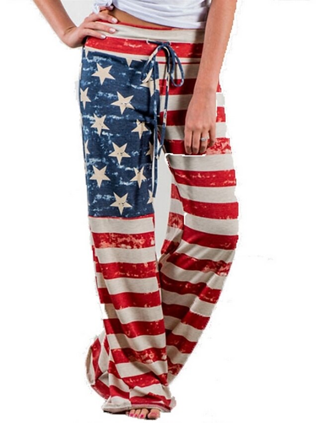  Mulheres Básico Perna larga Calças Listrado bandeira americana Vermelho