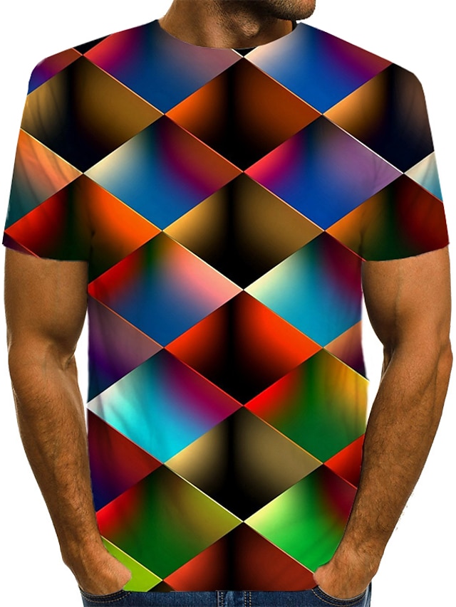  男性用 シャツ Tシャツ 面白いTシャツ グラフィック 幾何学模様 ラウンドネック 虹色 イエロー ルビーレッド ブルー レインボー 3Dプリント プラスサイズ カジュアル 日常 半袖 プリント 衣類 ストリートファッション 誇張された
