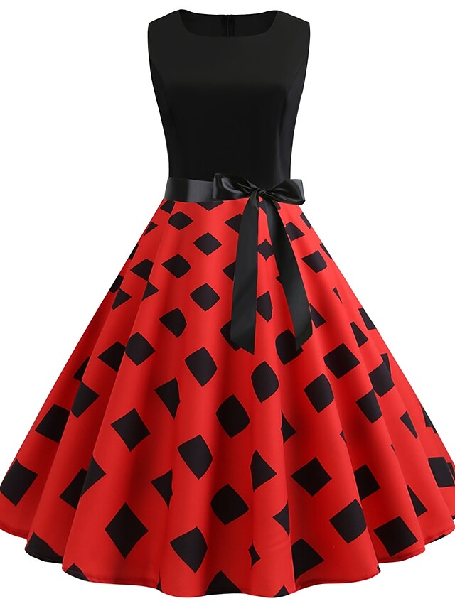  Dámské Áčkové šaty Bez rukávů Geometrický Patchwork Tisk Vintage Rubínově červená S M L XL XXL