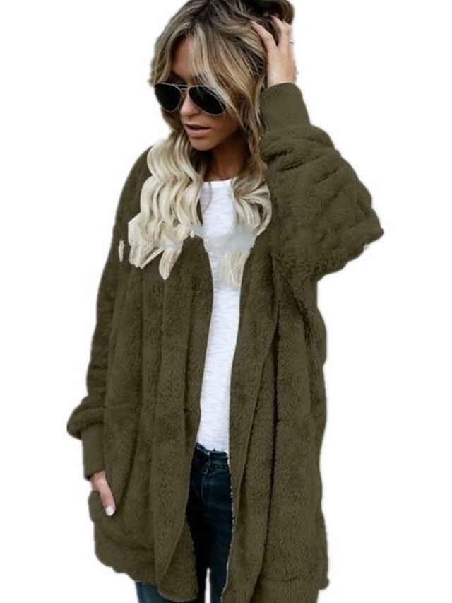  Women's Teddy Coat Long Solid Colored Daily Basic Plus Size Black Army Green Light Brown Brown S M L XL