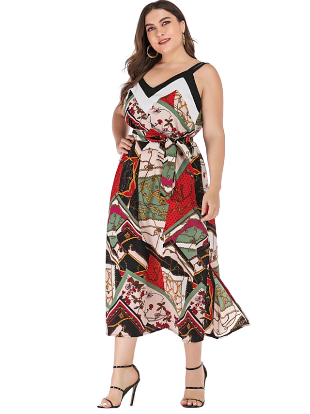 Women's Plus Size Swing Dress Sleeveless Geometric Print Strap Boho ...