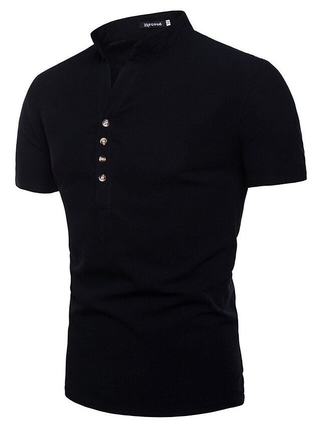  Men's Solid Colored Shirt - Linen Basic Casual Formal Button Down Collar Standing Collar Wine / White / Black / Khaki / Light Blue / Short Sleeve