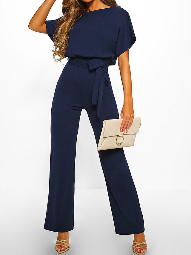  Women's Casual Daily Going out Blue Black Pink Loose Jumpsuit Solid Color Wide Leg Belted