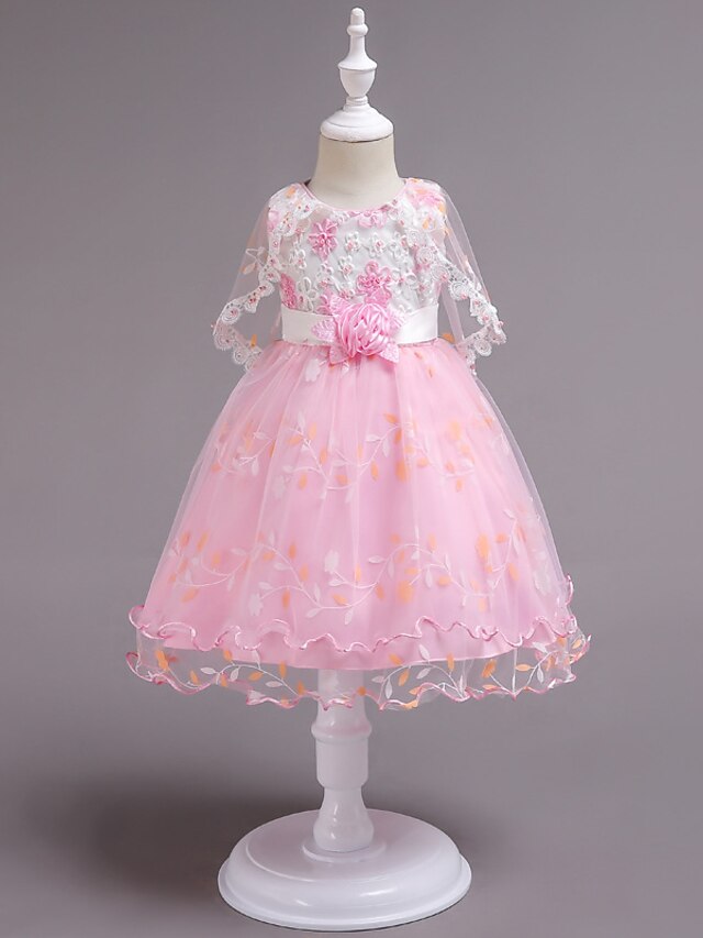  Princess Knee Length Flower Girl Dress - Cotton / Satin / Tulle Sleeveless Jewel Neck with Lace / Belt / Beading