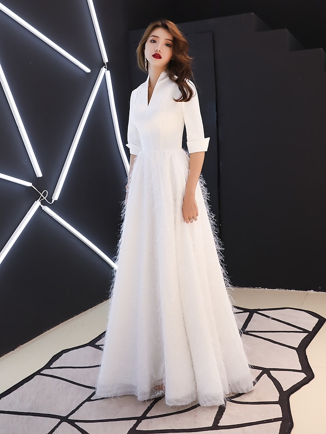 A-Line White Elegant Prom Formal Evening Dress V Neck Half Sleeve Floor ...