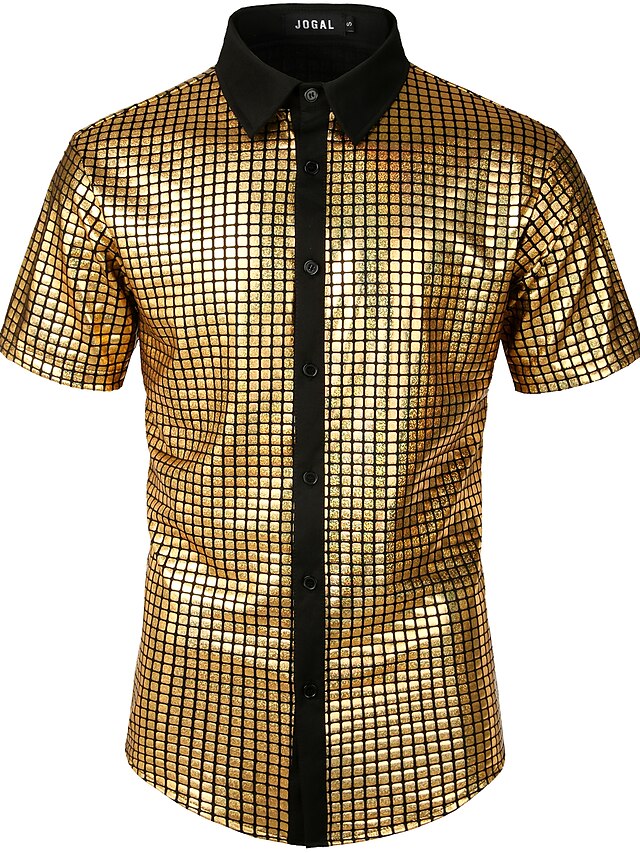  男性用 シャツ ソリッド 幾何学模様 半袖 ストリート トップの セクシー ロック パンク＆ゴシック ゴールド シルバー