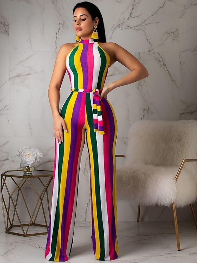  Women's Halter Neck Rainbow Slim Jumpsuit Striped Print