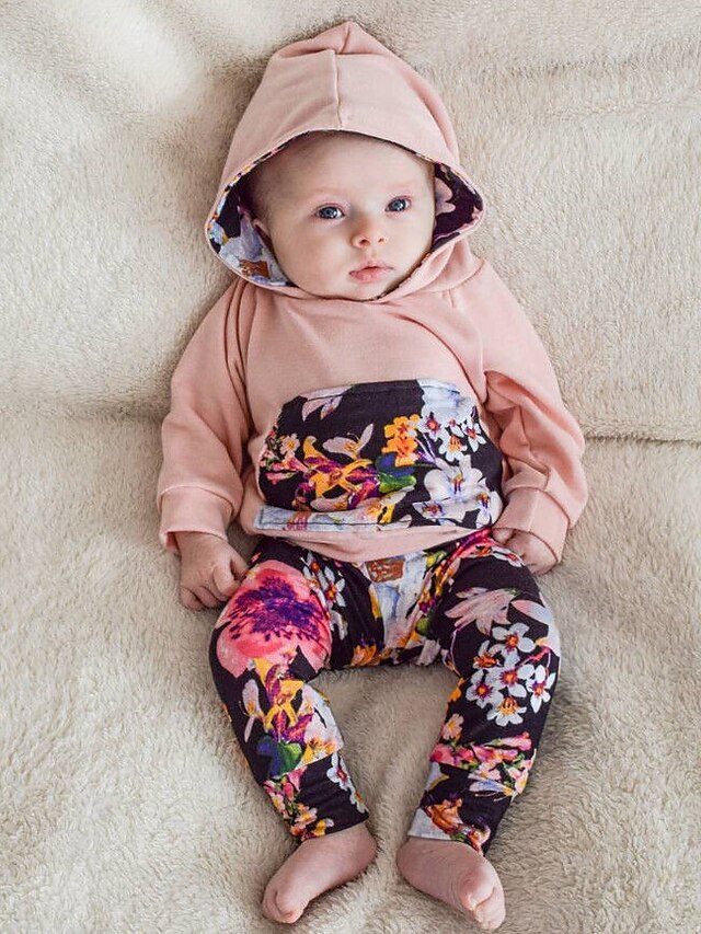  Baby Jente Aktiv Grunnleggende Blomstret Langermet Kort Tøysett Rosa