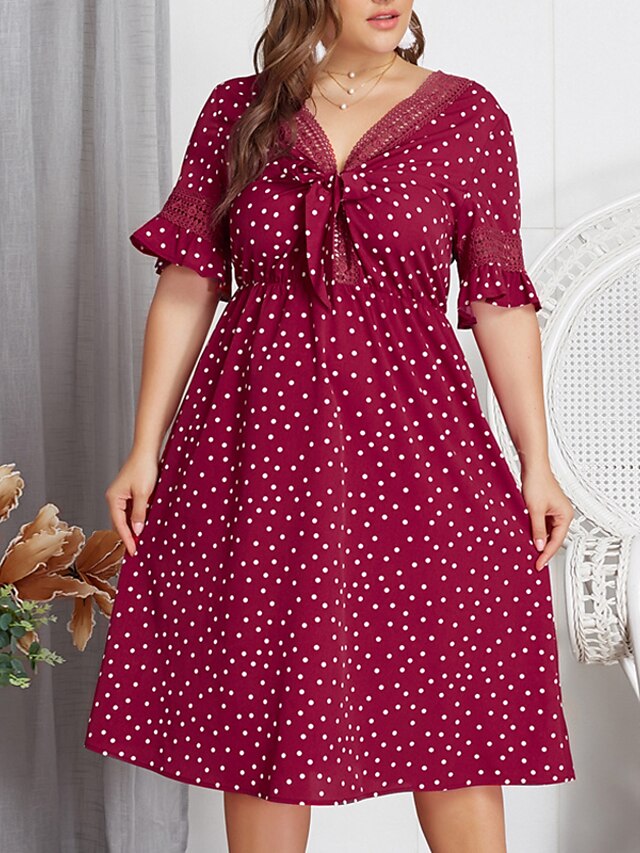  Femme Chic de Rue Elégant Mi-long Trapèze Balançoire Robe - Noeud Mosaïque Imprimé, Points Polka Rouge XXL XXXL XXXXL Demi Manches