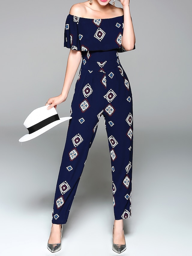  Women's Jumpsuit Print Graphic Off Shoulder Holiday Weekend Slim Slim Short Sleeve Black / White Blue Black S M L Spring