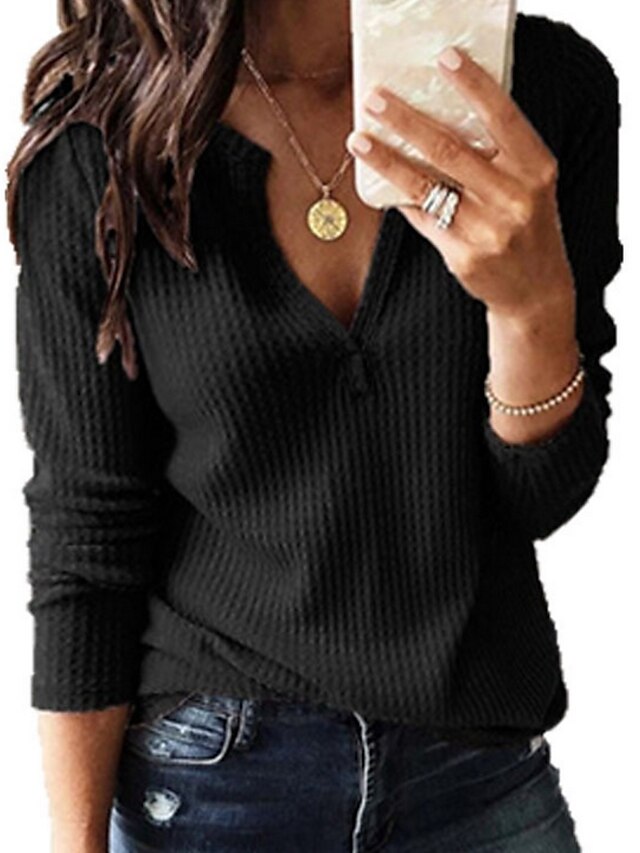  Women's Blouse Plain Solid Colored Blouse Shirt Long Sleeve Knitting V Neck Basic Casual Black Gray S