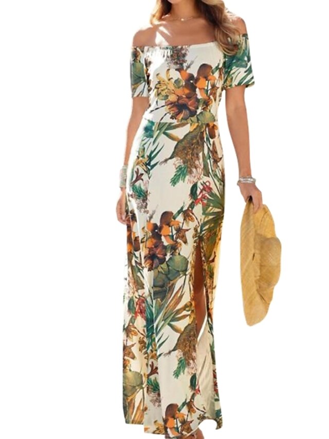  Women's Maxi Sheath Dress - Floral Off Shoulder Beige S M L XL